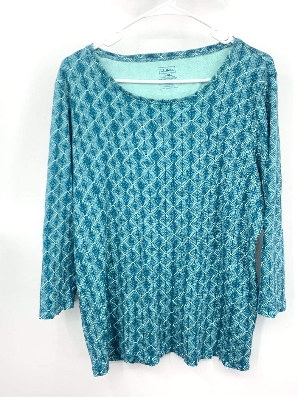 LL Bean Women Size XL Shirt Blue Geometric Print 3/4 Sleeve Top Supima Cotton